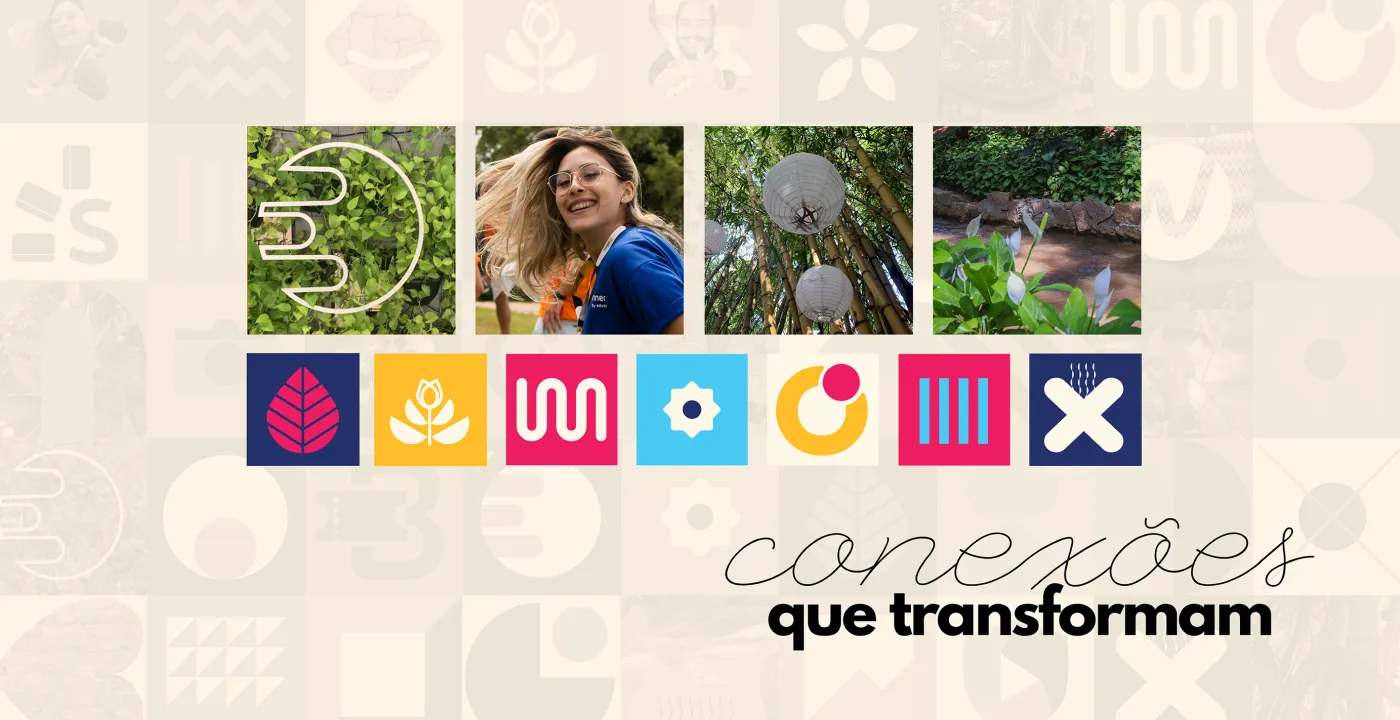 Painel de conceito com mosaico de formas geométricas coloridas, fotos de pessoas e o tema Conexões que transformam