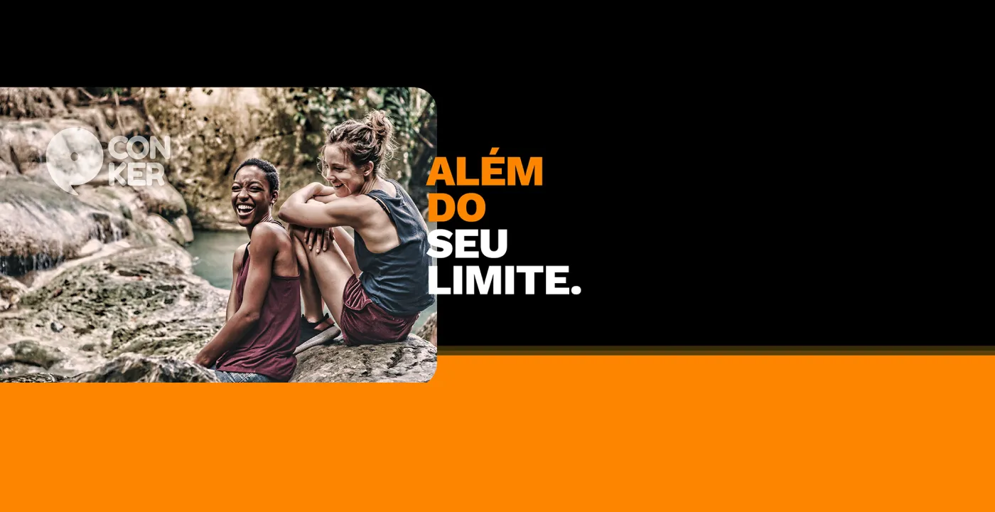 Tela de abertura do Conker com o slogan "Além do seu limite" e duas pessoas numa cachoeira