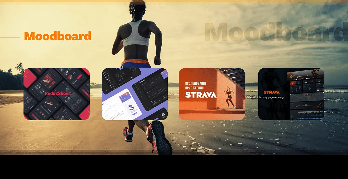 Moodboard com referências de apps de esporte e fotografia de corrida