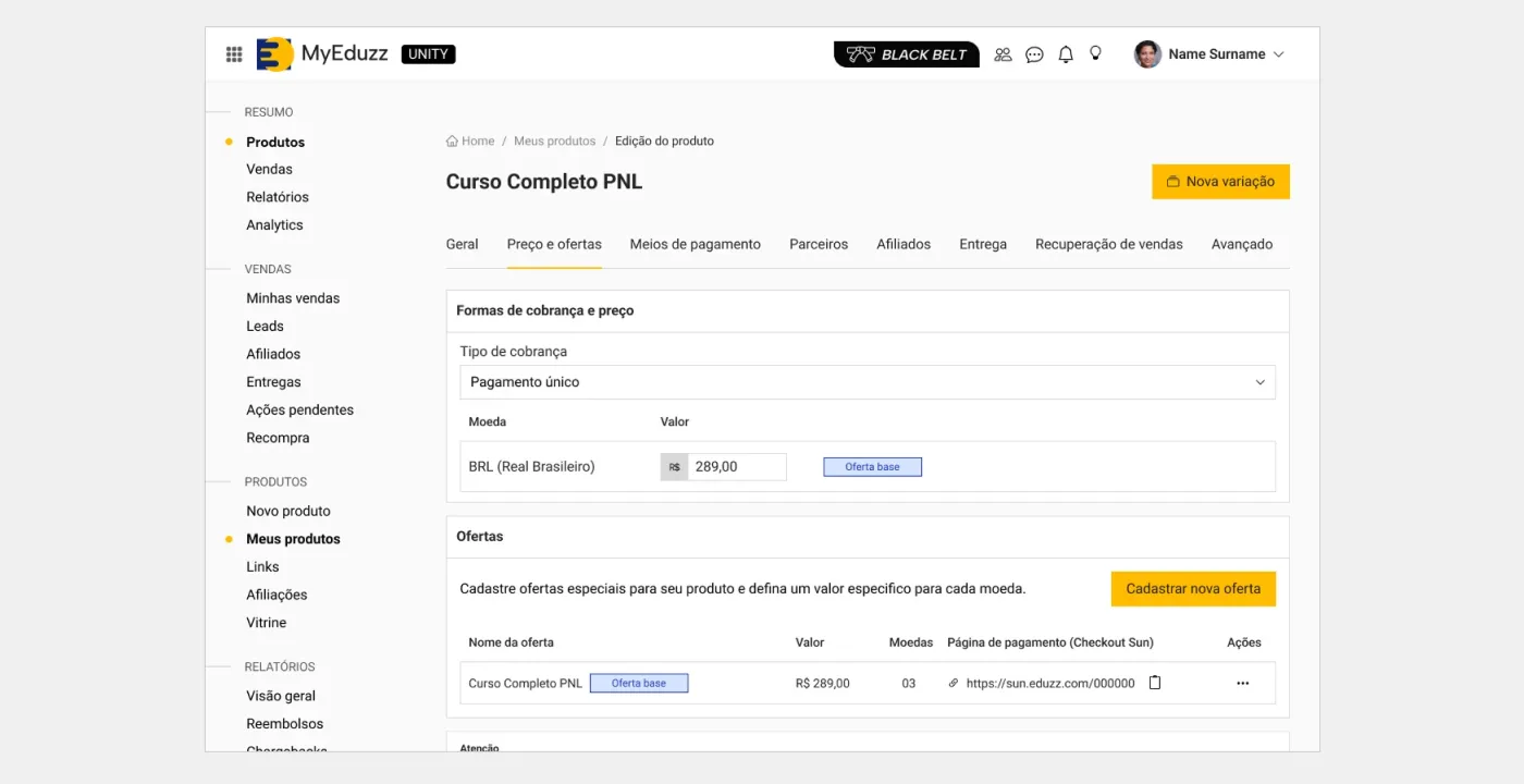 Página do produto com a tabela de ofertas, valor em reais, quantidade de moedas e link de checkout