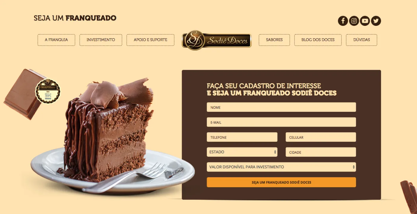 Página "Seja um franqueado" com formulário de interesse