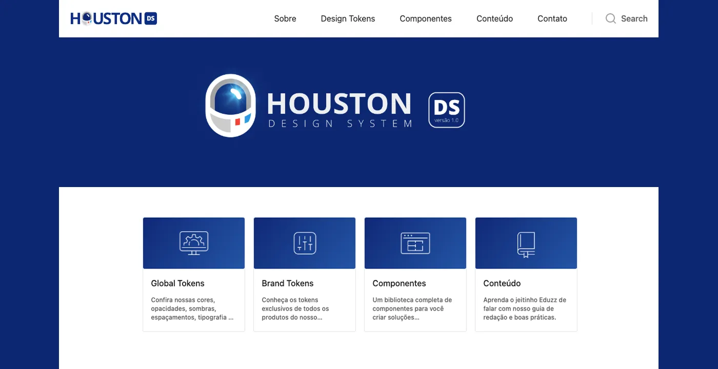 Página inicial da documentação do Houston com as seções Global Tokens, Brand Tokens, Componentes e Conteúdo
