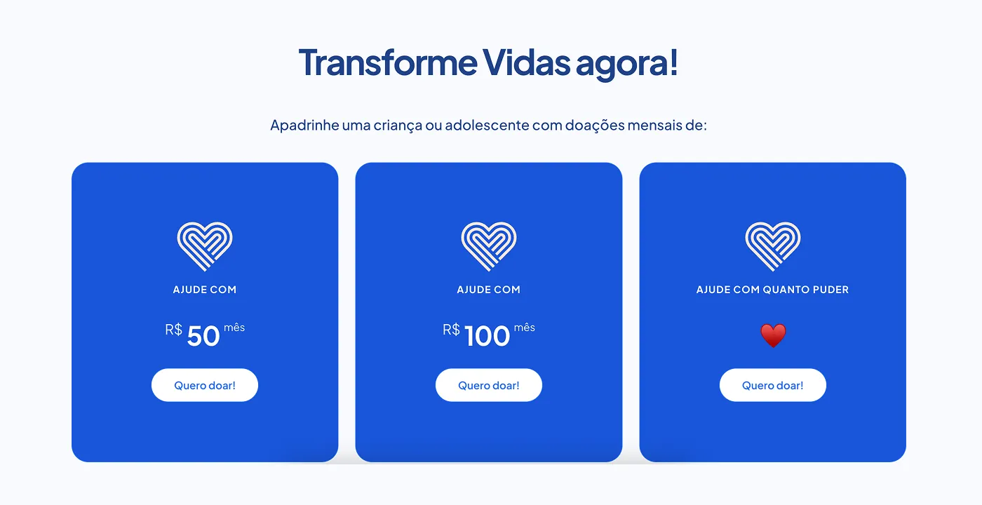 Seção de apadrinhamento com três opções de valor mensal
