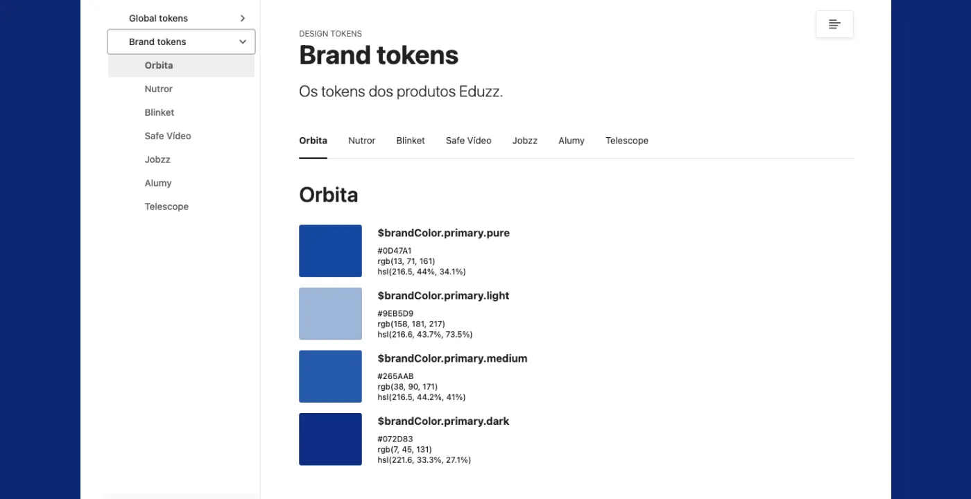 Página de Brand Tokens com a paleta da marca Órbita