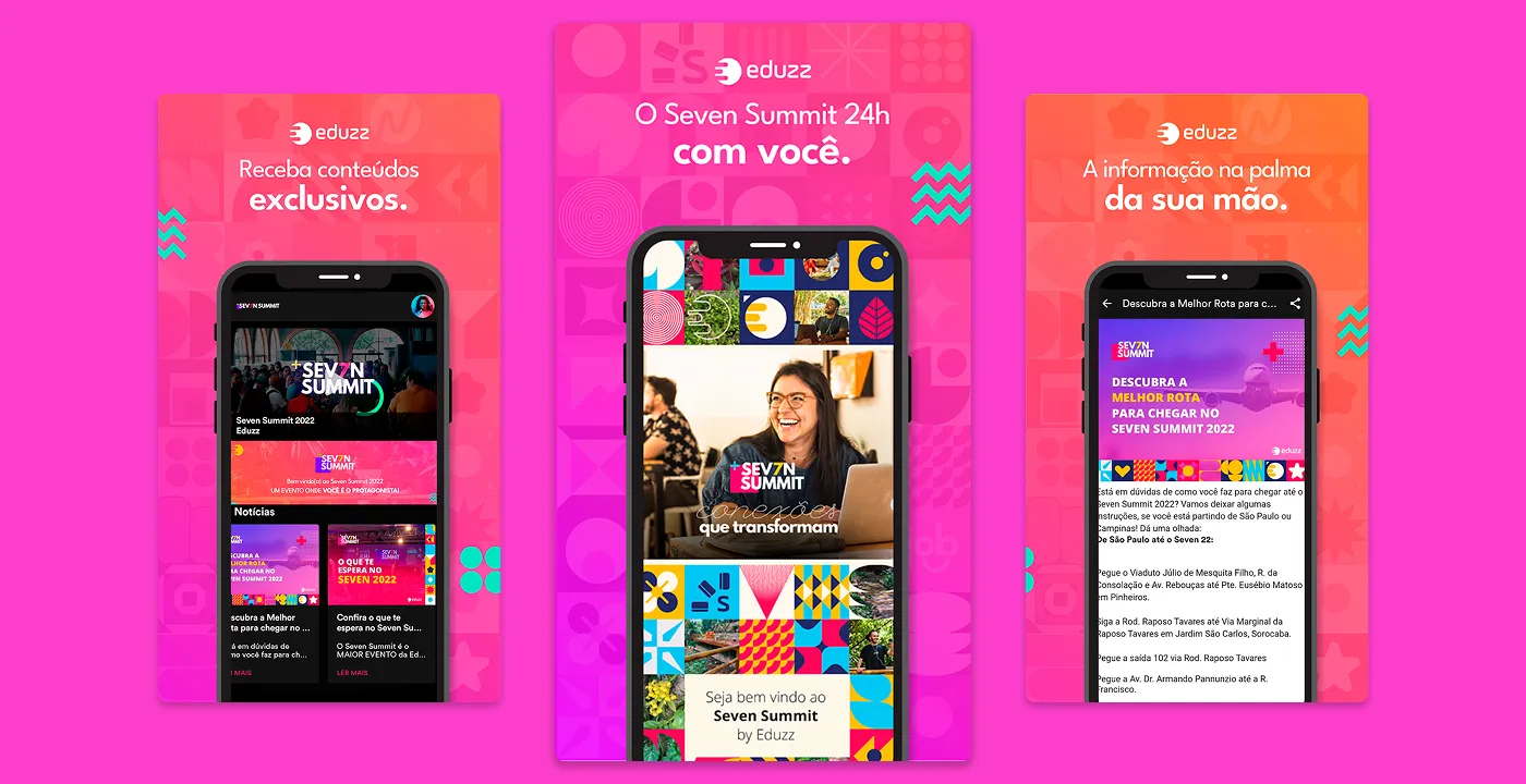 Três telas do app do evento: conteúdos exclusivos, boas-vindas e rota para chegar ao evento