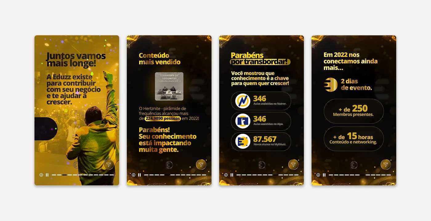 Telas em preto e dourado com conteúdo mais vendido e conquistas