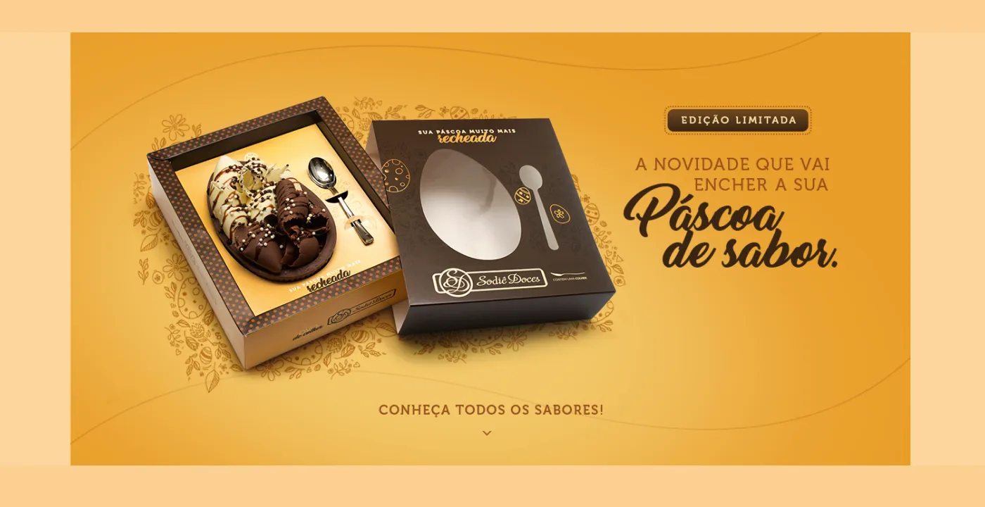 Páginas de campanha de Páscoa com o ovo de chocolate da marca