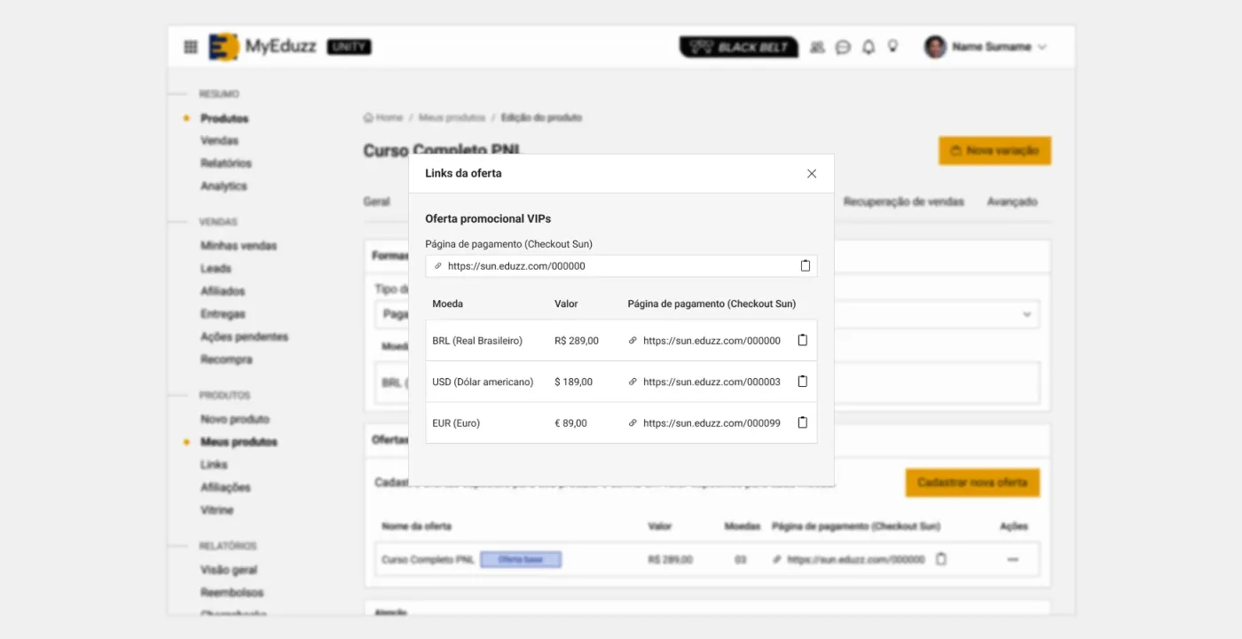 Modal de links da oferta com um link de checkout para BRL, USD e EUR