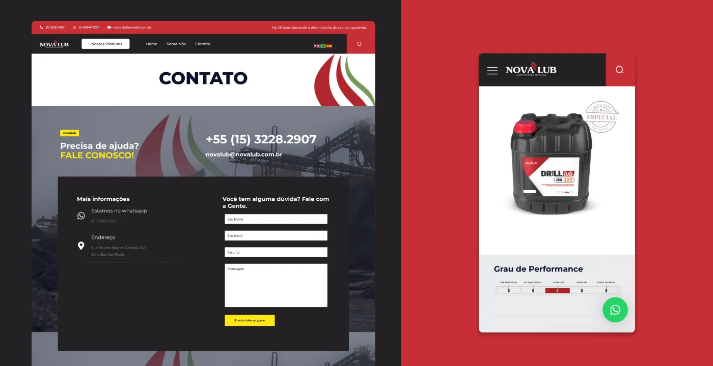 Página de contato e versão mobile da página de produto