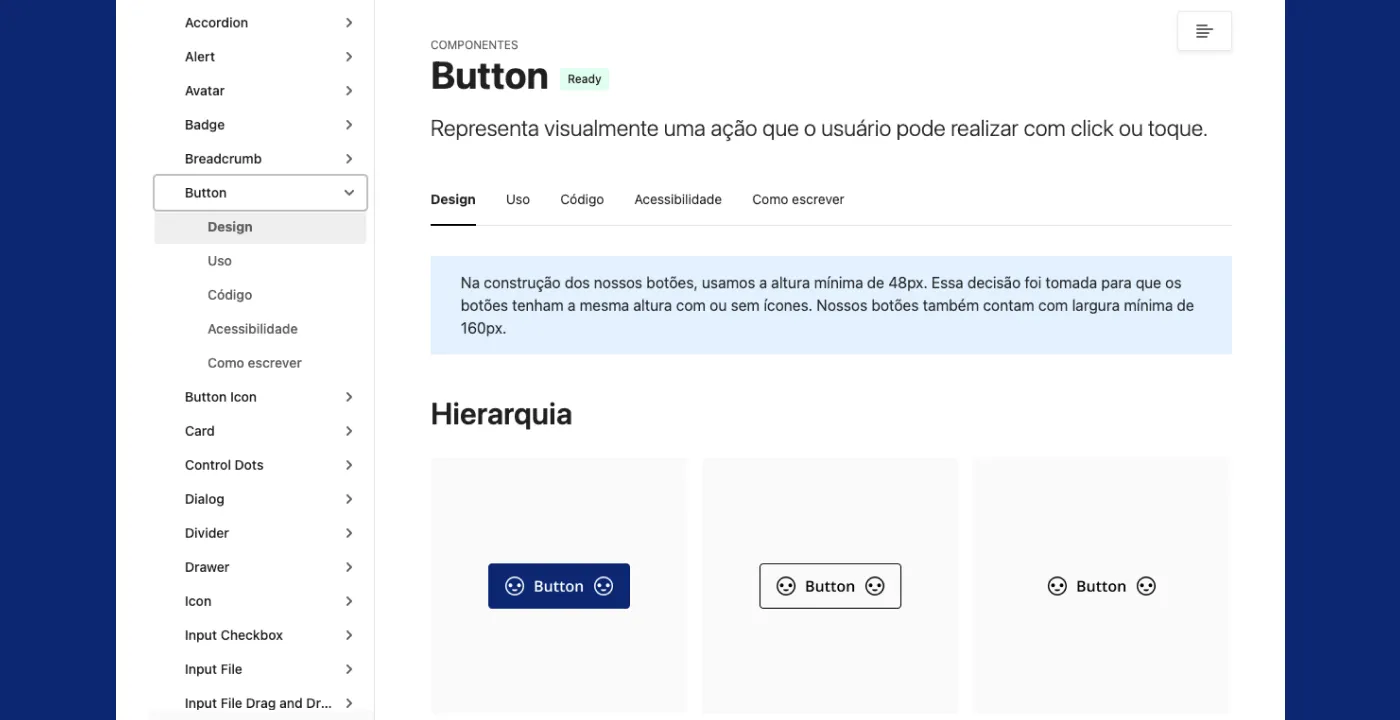 Documentação do componente Button com abas de design, uso, código e acessibilidade e a hierarquia de botões