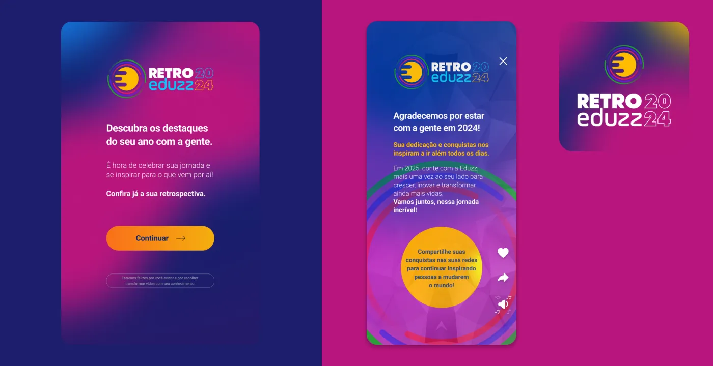 Telas em formato stories da Retrospectiva Eduzz 2024 com fundo em degradê roxo e laranja