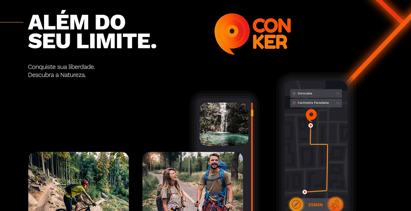 Tela do app sobre fotos de pessoas em trilhas e cachoeiras