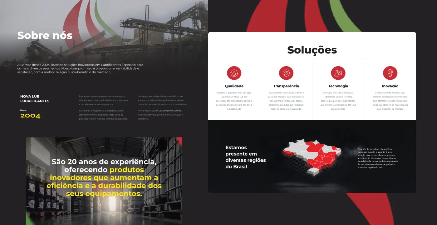 Página sobre a empresa com soluções e presença no Brasil