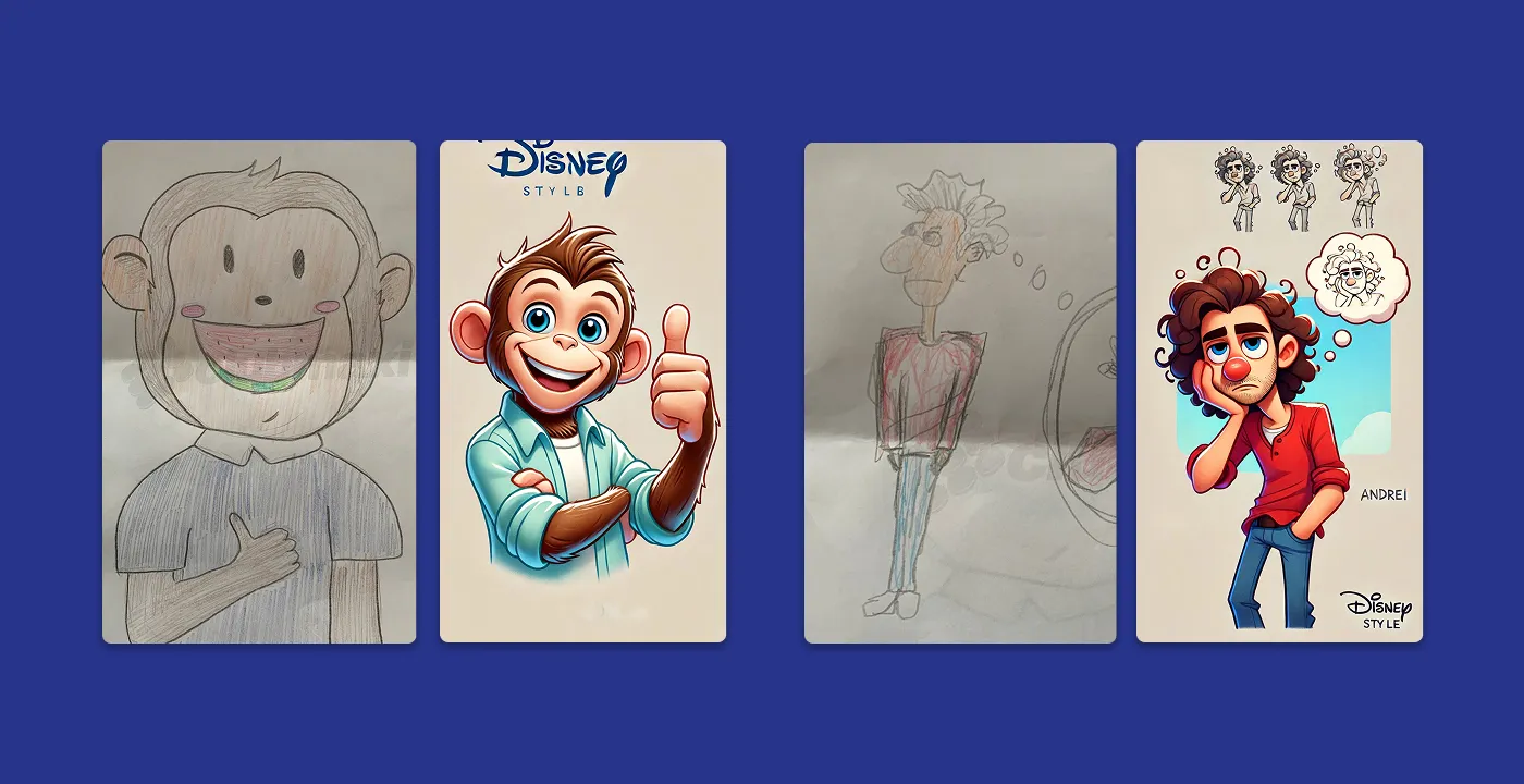 Desenhos feitos à mão pelos alunos ao lado das versões digitais