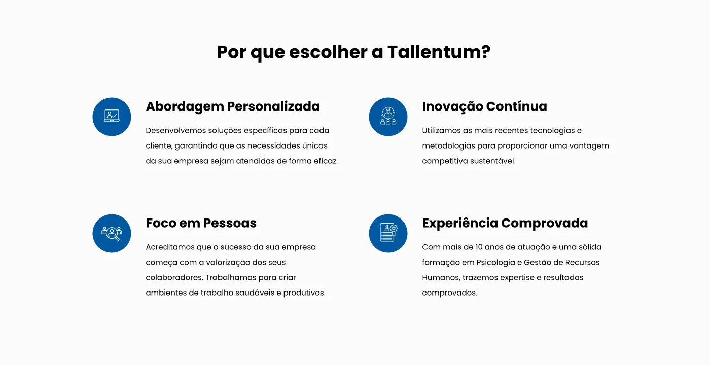 Seção "Por que escolher a Tallentum" com quatro diferenciais