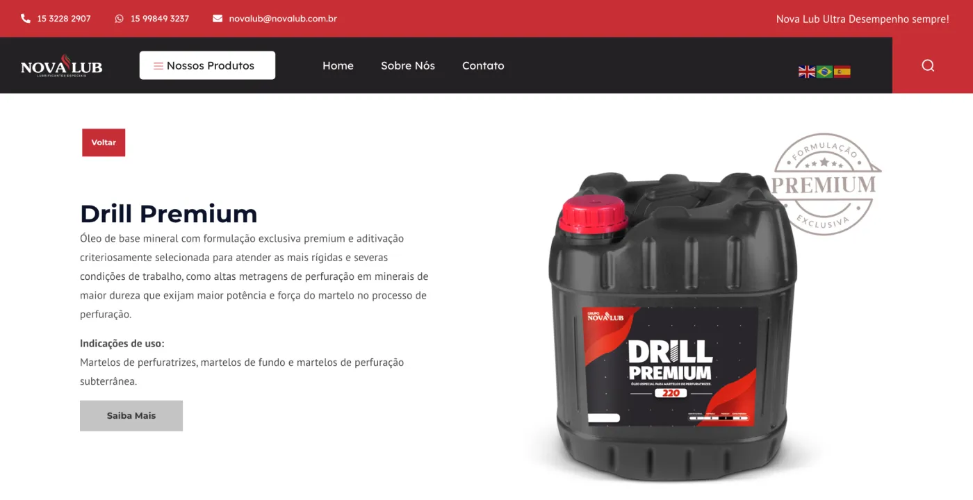Página do produto Drill Premium com descrição e indicações de uso