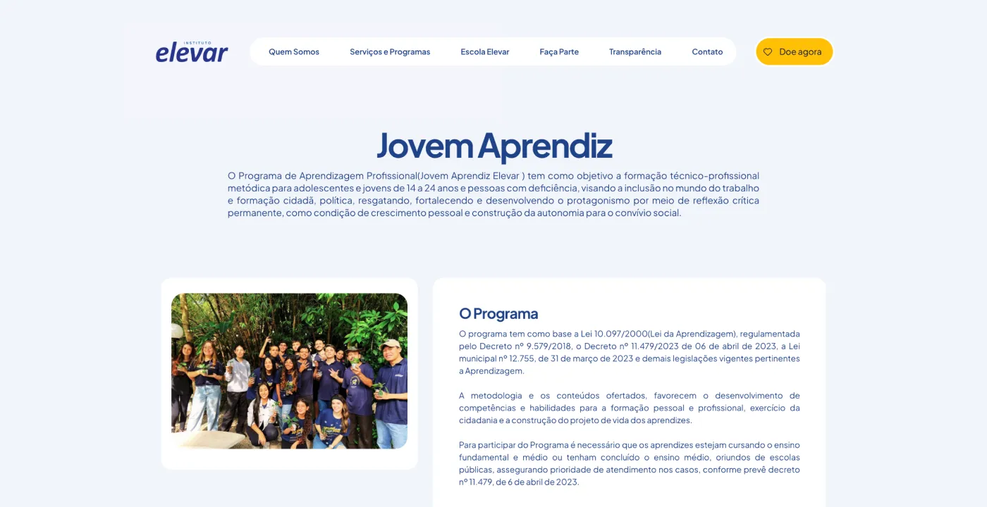 Página do programa Jovem Aprendiz