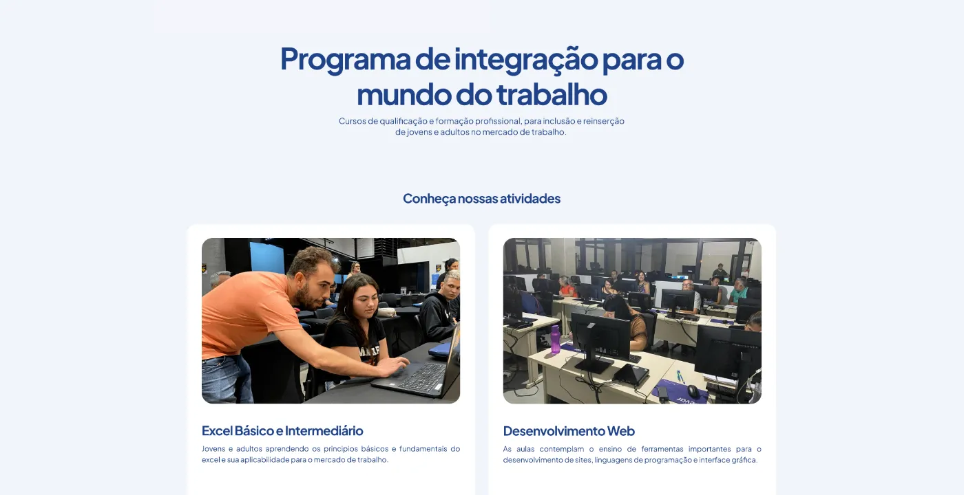Página do programa de integração para o mundo do trabalho com cursos