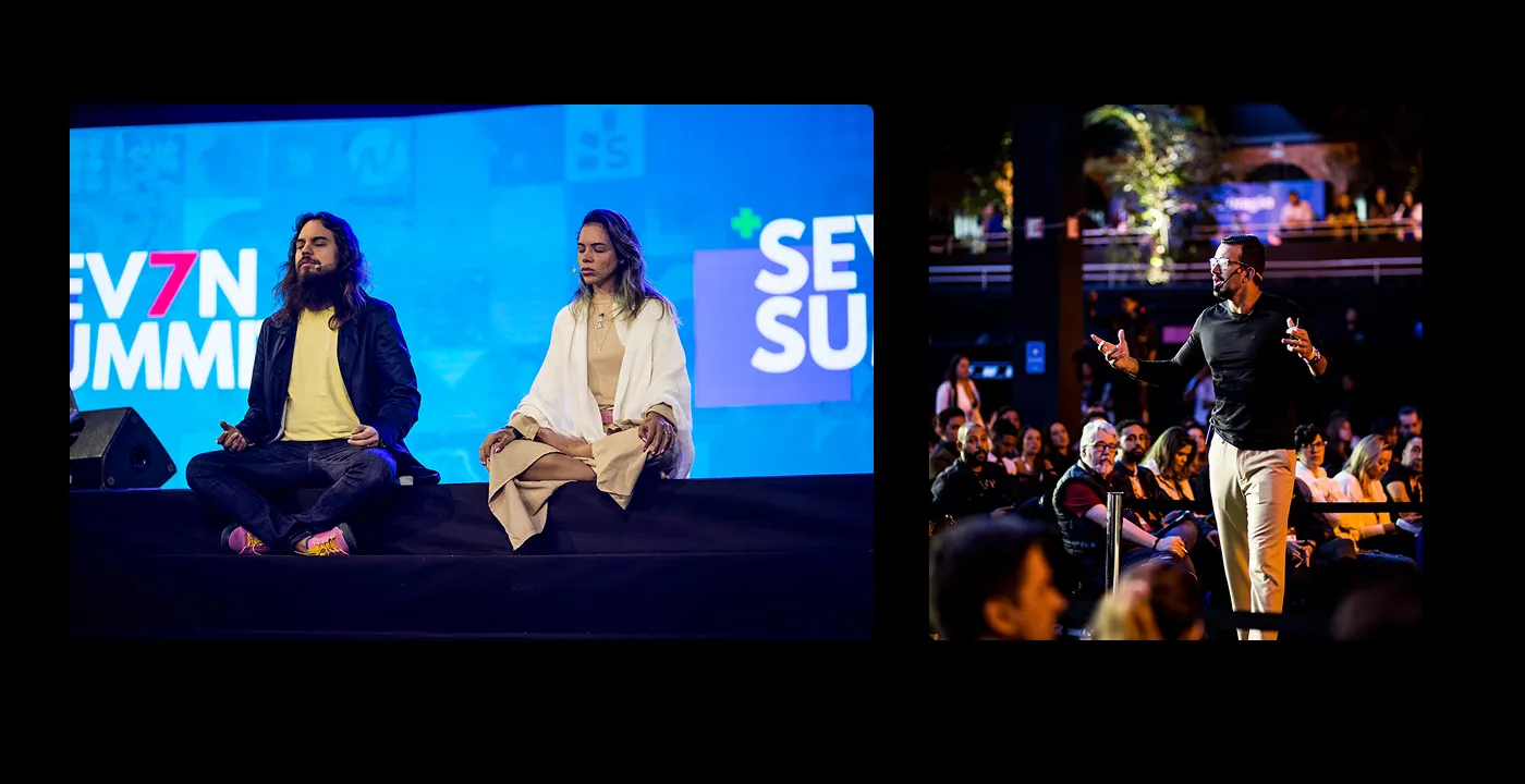 Fotos de palestra e bate-papo no palco