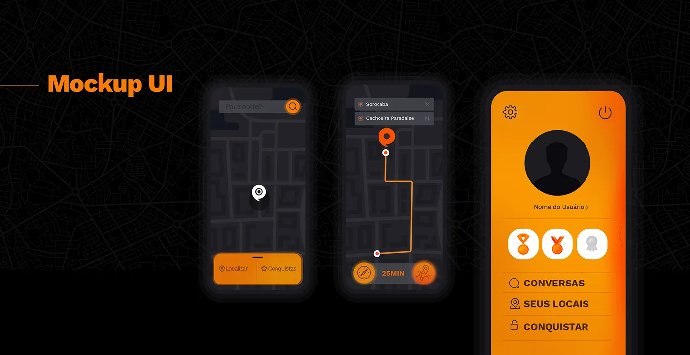 Mockups do app com mapa, rota até o destino e perfil com conquistas